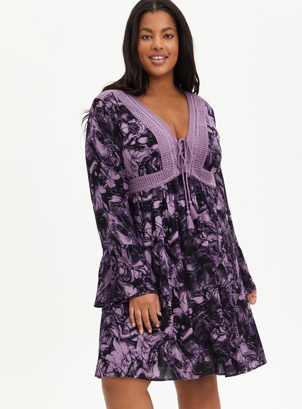 Torrid Purple Black Witchy Mini Dress Bell Sleeve Gothic Boho Lace Up 0 12 L